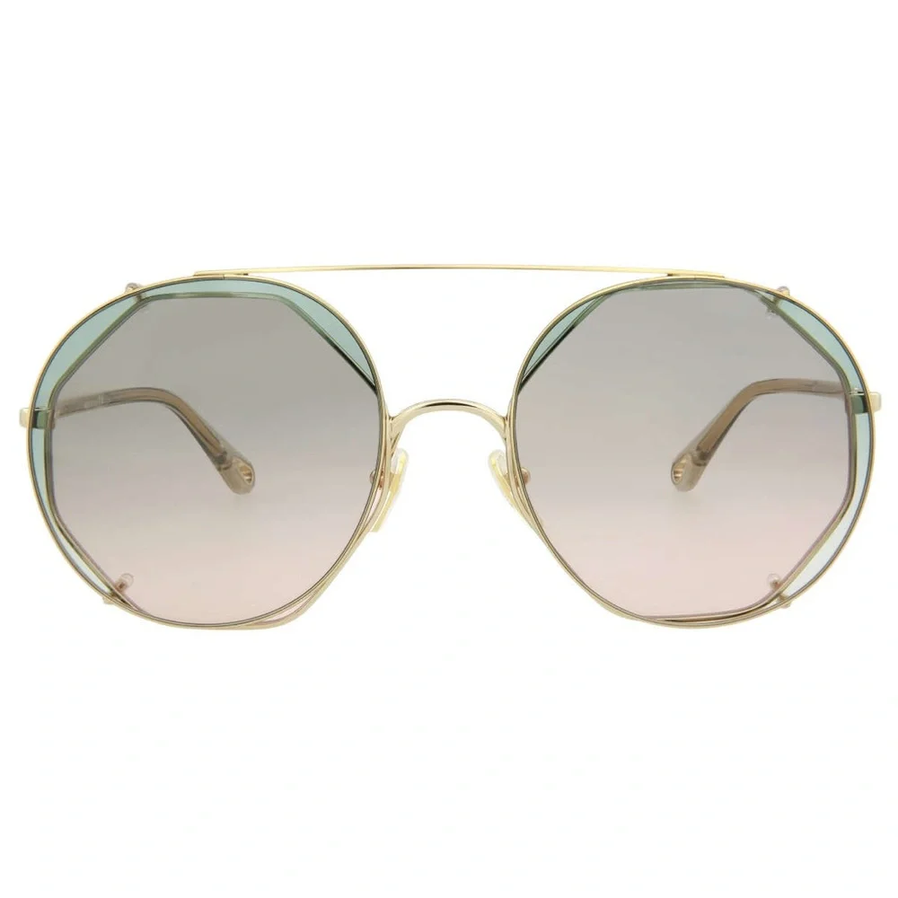 CHLOE GOLD HAVANA GREEN MIRRORED GRADIENT ROUND AVIATOR SUNGLASSES CH0041S - Picture 5 of 6